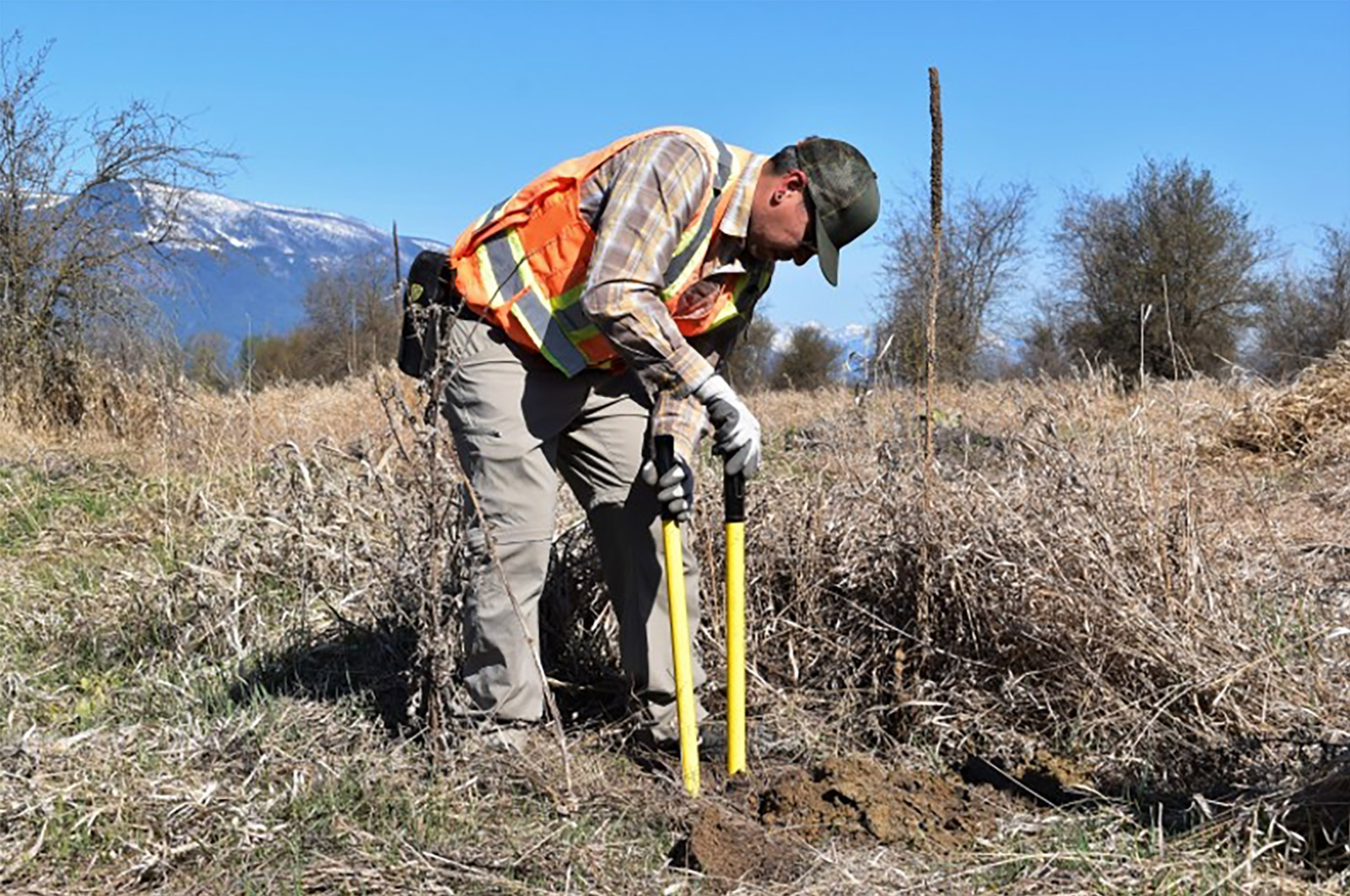 Norman Allard, LKB Community Planner digs a hole that is two to three feet deep to install poles for the wildlife cameras and audio recorders. (Photo: Cheyenne Bergenhenegouwen)
