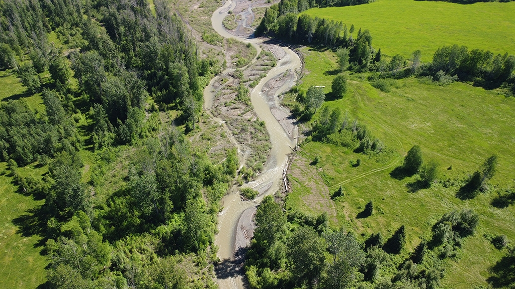 aerial view of a stream winding through green landscape